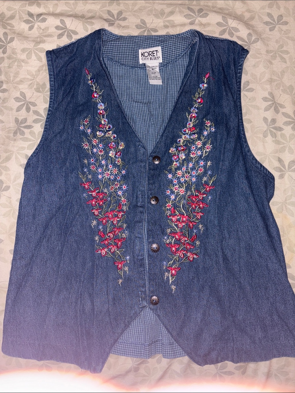 Koret Denim Button-Front Vest with Red Floral Embroidery - Blue